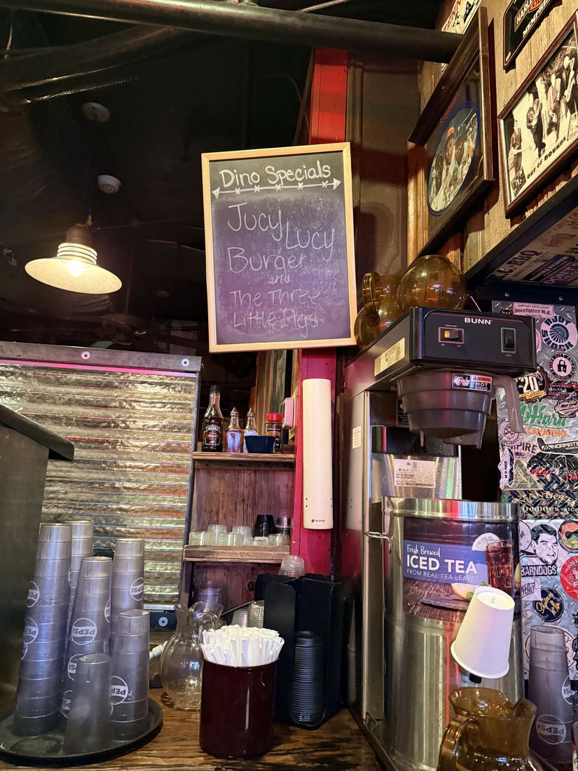 Dinosaur Bar-B-Que, Syracuse. On the specials board: a Jucy Lucy burger and The Three Little Pigs.
