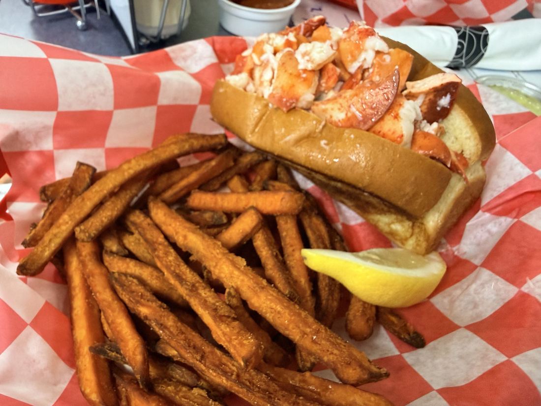 Gray, Maine. Lobster roll with sweet potato fries.